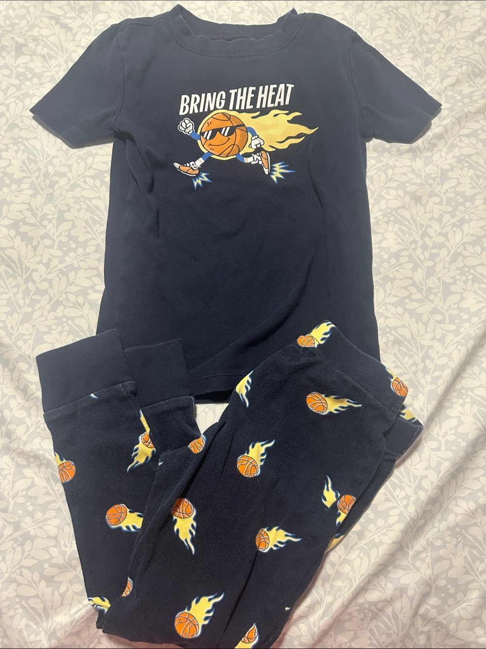 Old Navy Navy Blue Kids Pajama Set with Flaming Basketball Graphic